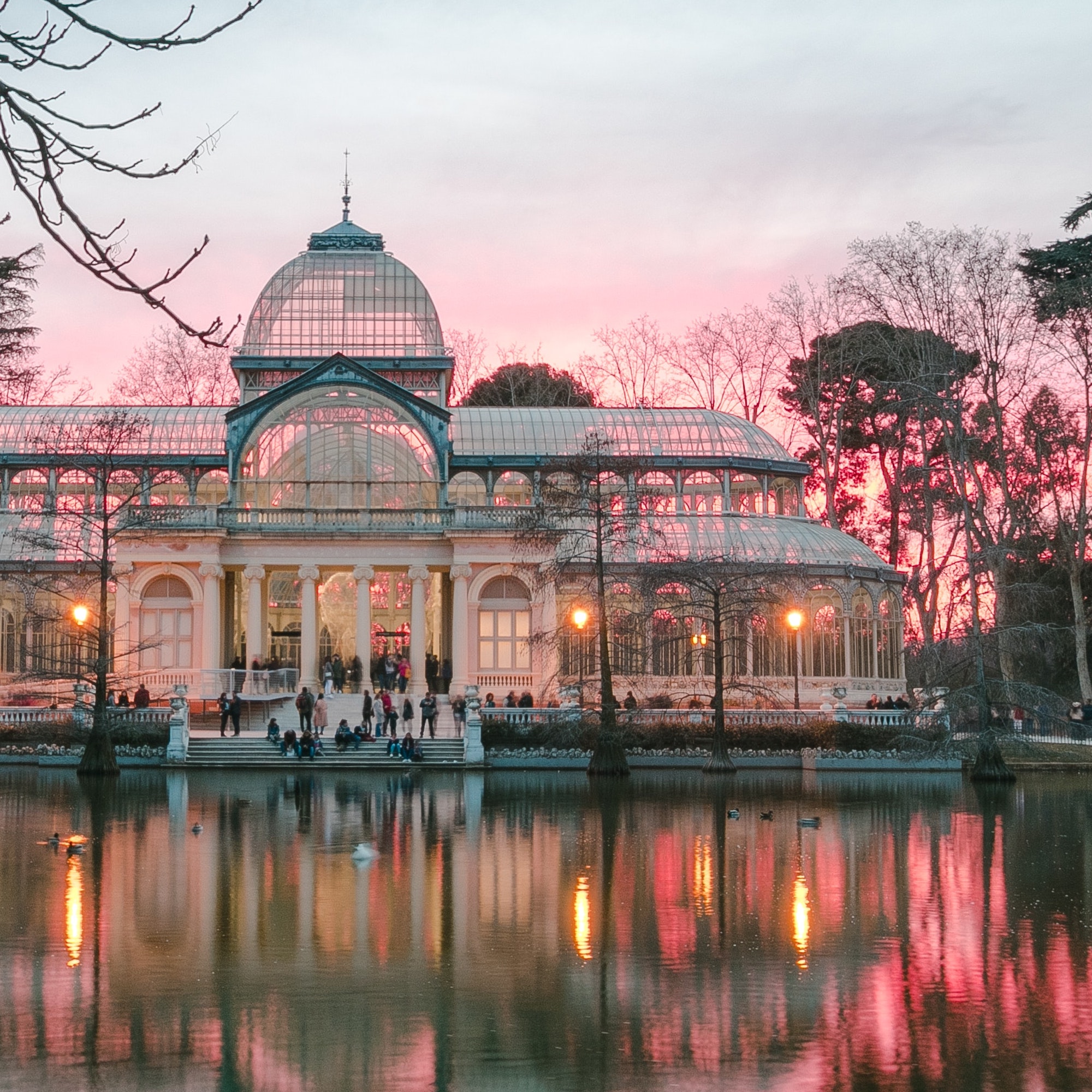 Madrid's Palacio de Cristal at sunset